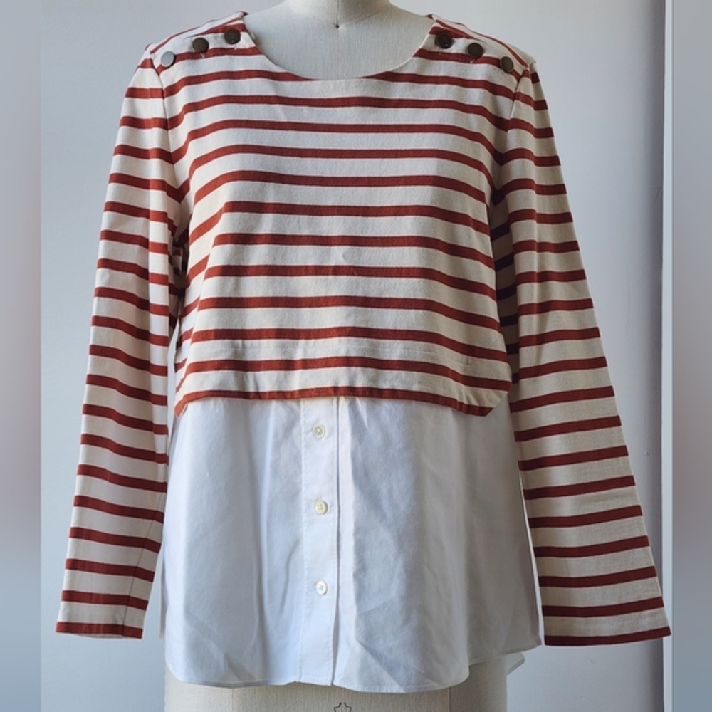 Veronica Beard Cotton Canvas Red Striped Top with White  Blouse SZ L